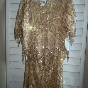 Vintage SCALA Blouse & Skirt Dressy Gold Beige Sequin Petal New Dillards